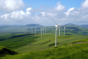 Wind turbines are standing on a green hill under a blue sky, generating clean energy for the future