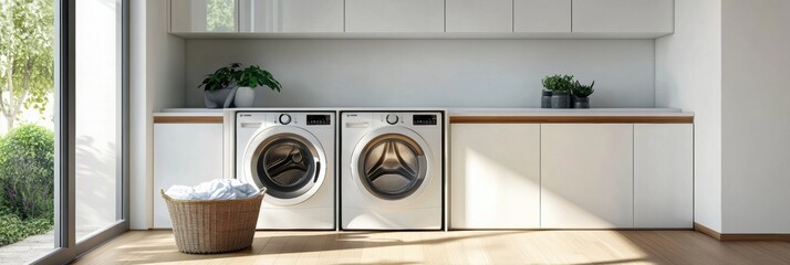 Poster - This modern laundry room includes built-in washers and dryers, stylish cabinets, and a basket filled with clean clothes. Generative AI