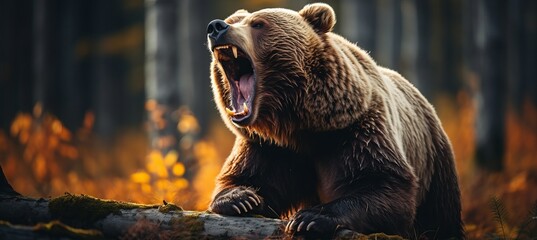 a grizzly bear roars while standing on a fallen log in a vibrant autumn forest