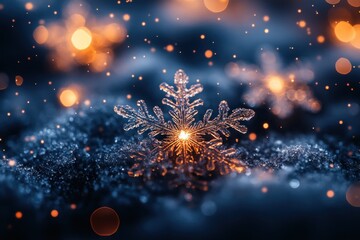 Wall Mural - A single, intricate snowflake sits on a bed of fresh snow, illuminated by a warm, golden light, with a soft, blue bokeh background and a few other snowflakes nearby.