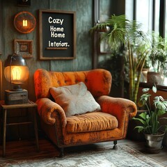 Sticker - A cozy living room with an armchair, a side table, and a lamp.