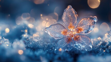 Wall Mural - A delicate, ice flower with a glowing center, resting on a bed of sparkling snow with out-of-focus lights in the background.