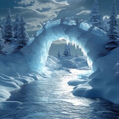 Wall Mural - Frozen archway over a river in a snowy winter wonderland.