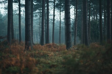 Foggy morning in a serene forest with towering trees and lush undergrowth in early autumn