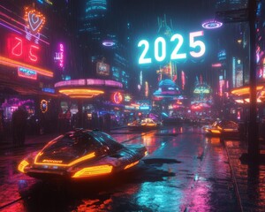 Sticker - Futuristic city street at night with neon lights, a flying car, and the year 2025.