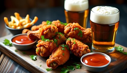 Crispy chicken wings paired with chilled beers, perfect for a laid-back snack time atmosphere