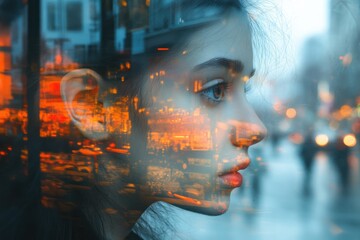 Canvas Print - A woman's face is superimposed with an image of a city at night, creating a dreamlike and ethereal effect.