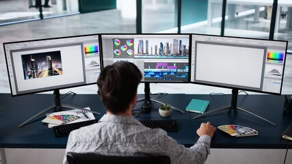 Fototapete - Video Editor Tech Job Using Computer