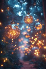 Sticker - Glowing Christmas ornaments hanging from branches in a magical forest.