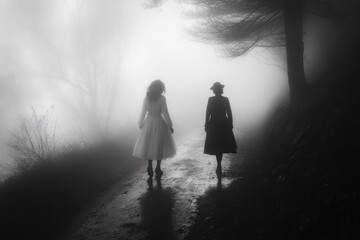 Canvas Print - Two women in dresses walk down a foggy road in a forest.