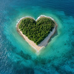 Sticker - Heart-shaped island with green trees and white sand beach in turquoise ocean.