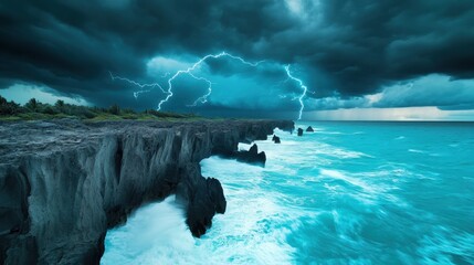 Sticker - Dramatic Thunderstorm Over Turquoise Ocean Cliffs