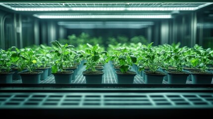 Canvas Print - Rows of young plants growing under grow lights in a controlled environment, in a laboratory or greenhouse.