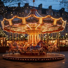 Wall Mural - Illuminated carousel with horses at a Christmas market in the evening.