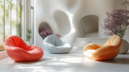 Sticker - Three colorful armchairs in a modern, white living room with large windows and a potted plant.