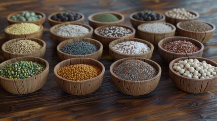 Wall Mural - A collection of different colored bowls filled with various types of seeds