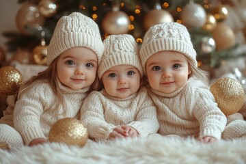 triplets. three cute baby triplets in white knitted hats on christmas tree background.