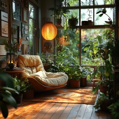 Sticker - A cozy living room with large windows, a comfy armchair, a rug, plants, and a hanging lamp.