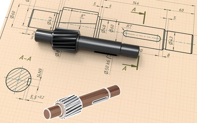 3D rendering - black shaft over a 2D drawing