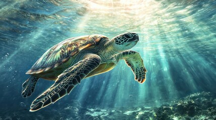 A turtle swimming in a crystal-clear lagoon, with rays of sunlight piercing the water and creating a serene underwater scene.