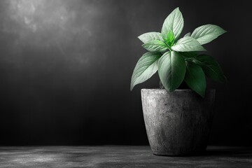 Wall Mural - A small potted plant with green leaves stands on a dark surface against a dark background. The plant is lit from the left, casting a shadow on the surface.