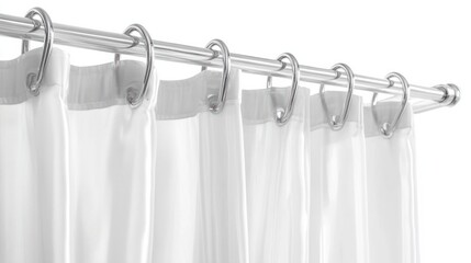 A clear shower curtain with silver hooks, isolated on a white background