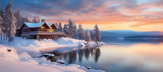 Cozy lakeside cabin surrounded by snow-covered trees at sunset in a winter landscape