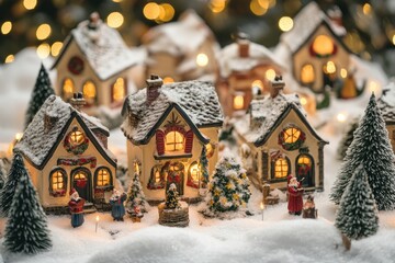 Sticker - Miniature Christmas village with snow, twinkling lights, and figurines.