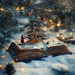 Poster - Miniature figure decorating a snow-covered Christmas tree on an open book with fairy lights, a snowy backdrop, and falling snow.