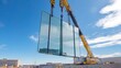 © Ratchadaporn - A detailed shot showcasing a large industrial crane lifting and transporting huge sheets of glass for installation on a bustling construction site as part of an urban development project