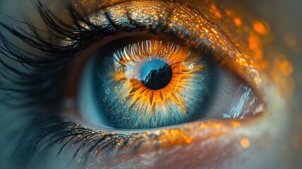 Poster - Close-up of a sparkling blue eye with a reflection of a forest in the iris.