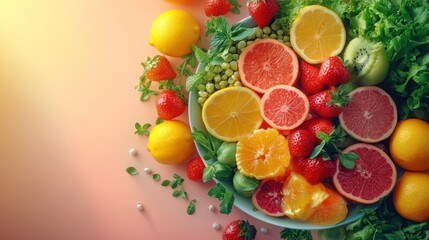 Wall Mural - Fresh, colorful fruits and vegetables in a bowl on a pink background.