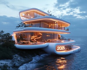 Wall Mural - Modern futuristic home with glowing lights on a cliff overlooking the ocean at dusk.