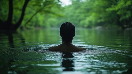 Poster - A lone swimmer floats in a still river, surrounded by lush green trees. The scene is peaceful and serene.