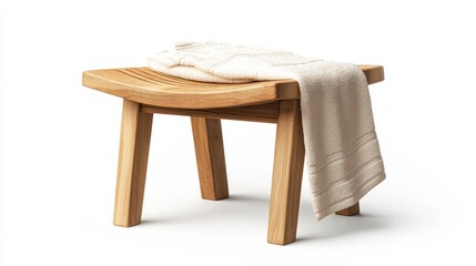 A wooden bathroom stool with a towel draped over it, isolated on a white background