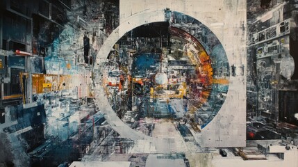 Sticker - Abstract Art with Circular Window and Cityscape View