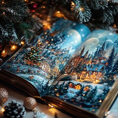 Open book with an illustration of a snowy village under a full moon.