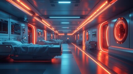 Poster - Futuristic hospital corridor with beds, glowing red and blue lights, and high-tech medical equipment.