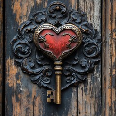 Wall Mural - Ornate heart-shaped keyhole on a wooden door.