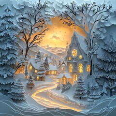 Poster - Papercut illustration of a snowy winter village with a church, houses, and trees.