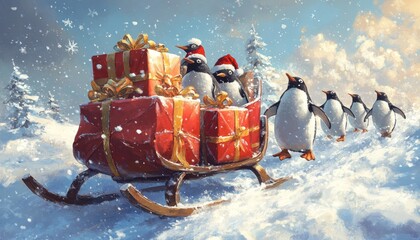 Sticker - Penguins pull a sleigh full of presents through a snowy landscape.