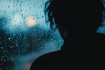 Aufkleber - A lone person stands by a window, watching raindrops slide down the glass while immersed in deep thought on a cloudy day. Generative AI