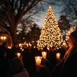 © Chawakorn - People hold candles in front of a lit Christmas tree at night.