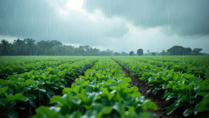 Rows of soy plants against a gray sky and rain, illustrating the natural process of growth and development