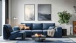 Dark blue sofa and recliner chair in scandinavian apartment. Interior design of modern living room. Created with generative