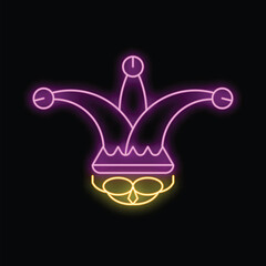 Canvas Print - Purple and yellow neon sign representing a jester hat on a black background