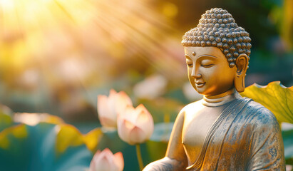 A golden Buddha statue with a blurred background of lotus flowers and leaves, a blurred nature background with sunlight rays and a bokeh effect.