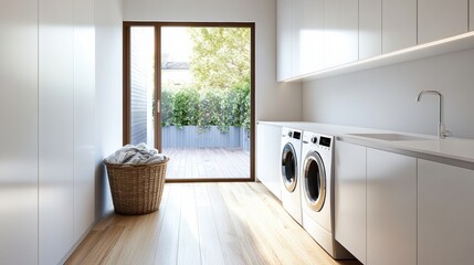 Fototapete - This laundry room showcases built-in washing and drying machines, offering a stylish and efficient space for household chores. Generative AI