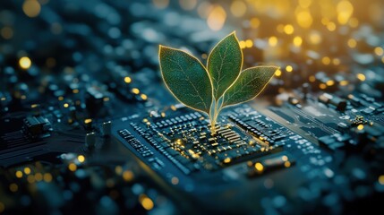 Wall Mural - generative ai illustration of glowing plant growing on computer chip representing digital ecology bu