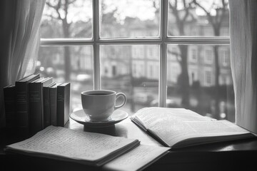 Poster - A cup of coffee sits on a table next to open books and a stack of books, with a window view of a city street in the background.